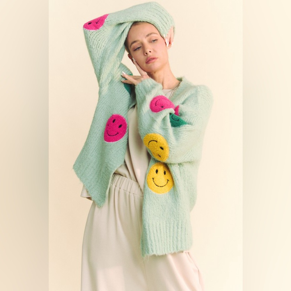 268B. Fuzzy Smile Long Sleeve Open Knit Cardigan